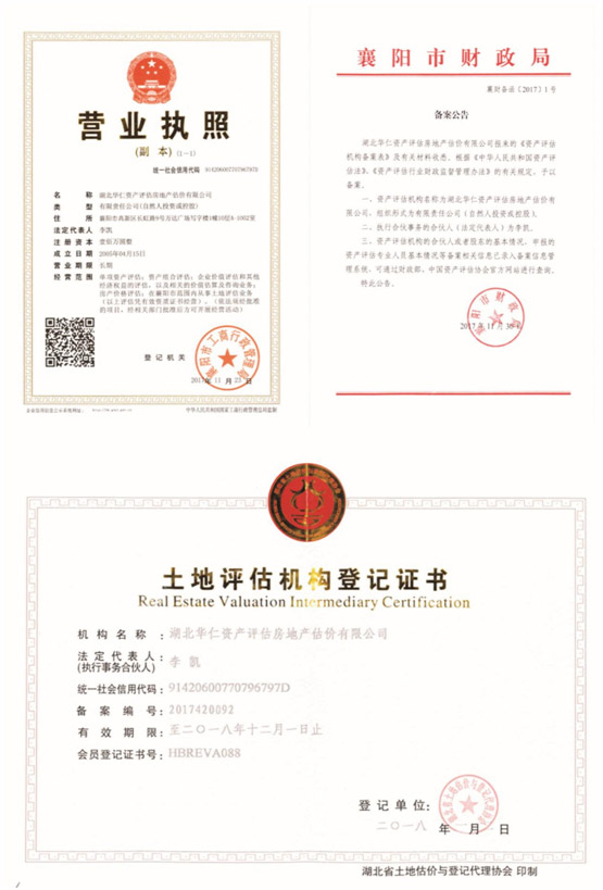華仁資產(chǎn)評估房地產(chǎn)估價有限公司營業(yè)執(zhí)照、資產(chǎn)評估備案公告、土地評估機構(gòu)登記證書.jpg
